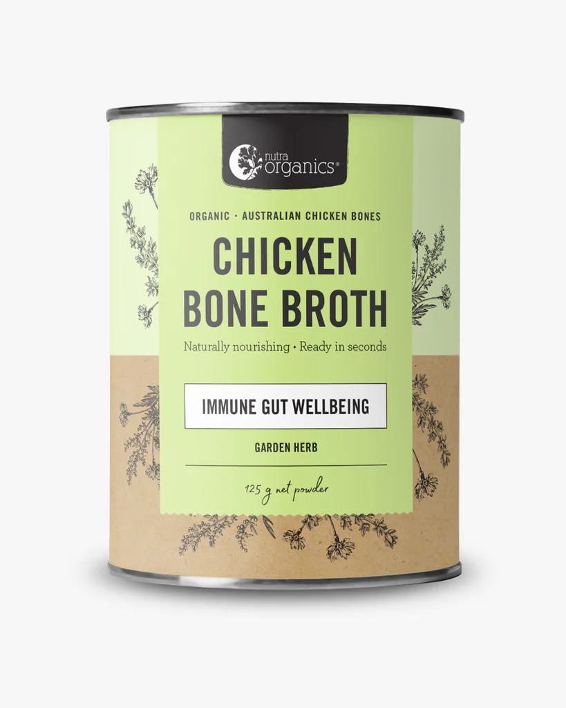 Organic chicken soup with bone broth & fresh garden herbs + home